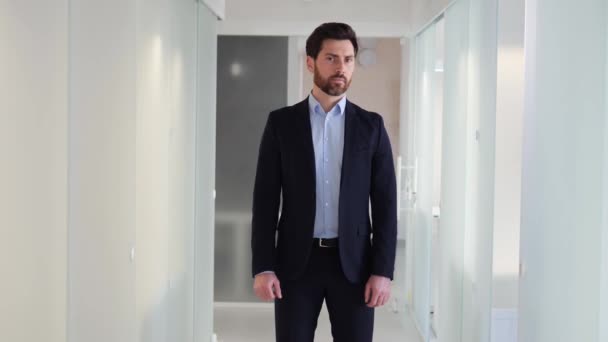 Portrait Idéal Homme Affaires Costume Dans Hall Bureau Respire Professionnalisme — Video