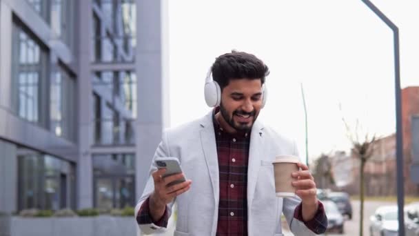 Happy Laughing Handsome Young Indian Man Mobile Phone Coffee Listening — Stock Video