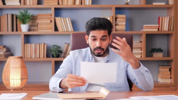 Stressed Male Businessperson Reads Unfortunate News High Bills Notice Dismissal — Stock Video