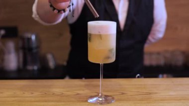 Yetenekli bir barmen, güzel, ferahlatıcı bir yaz kokteylini rahat bir barda, kafede ya da restoranda bir masanın üstünde reklamını yapıyor. Bu serin yaz içkisi her duruma uygun bir ortam hazırlamak için mükemmel.