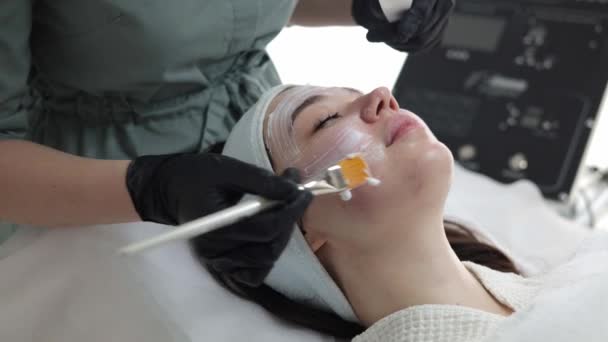 Kosmetolog Applicerar Varsamt Krämmask Ansiktet Lycksalig Flicka Med Hjälp Borste — Stockvideo