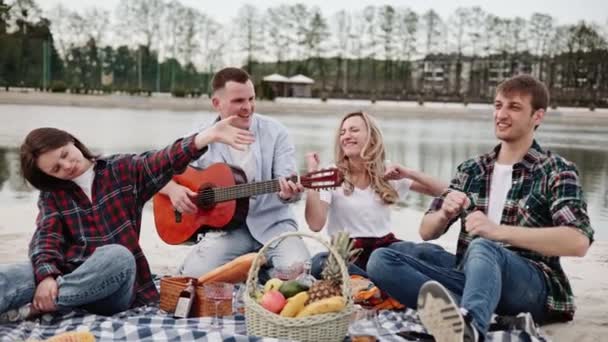 Cheerful Group Boys Girls Delighting Lakeside Picnic — Stock Video