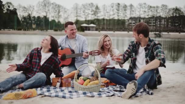 Fröhliche Jungen Und Mädchen Genießen Ein Picknick Seeufer Trinken Getränke — Stockvideo