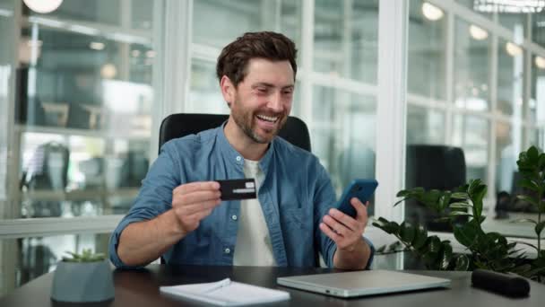 Positive Success Emotions Winner Receive Money Sitting Workplace Office — Stock Video