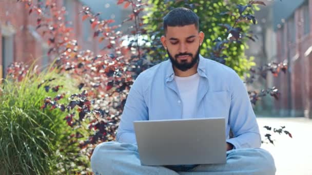Portrait Handsome Bearded Freelancer Staying Outdoors Working Personal Computer Indian — Stock Video