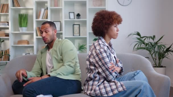 多文化的な夫と妻は ソファーの異なる側に座って お互いを見ていない 男性と女性は喧嘩し 関係の問題を抱えています 家族の誤解の概念 — ストック動画