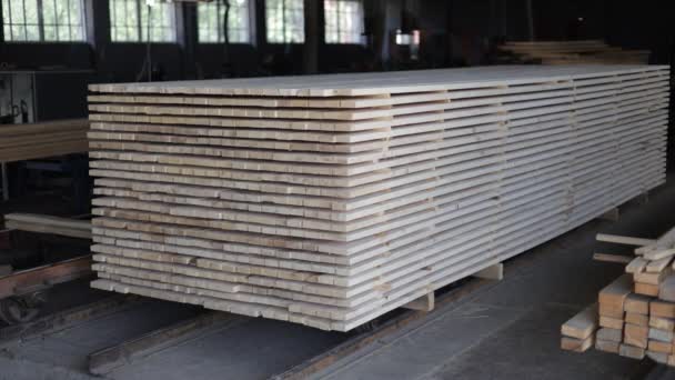 经过抛光的木板整齐地堆放在宽敞的仓库里 准确遵守所有加工木材的规范和规格 用于建筑的天然材料 木工的概念 — 图库视频影像