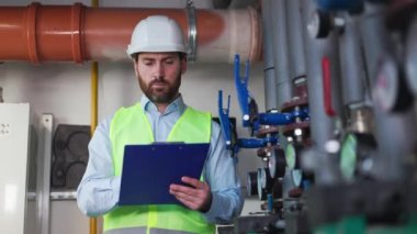 Üniformalı profesyonel erkek tesisatçı fabrika kontrol odasında tablet üzerinde çalışıyor. Fabrika odasındaki endüstriyel teknisyen bakım ve güç sistemini kontrol ediyor..