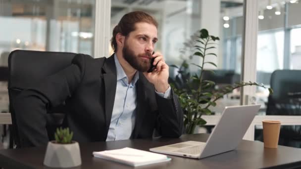 Focused Businessman Dressed Formal Costume Talking Modern Smartphone Wireless Laptop — Stock Video