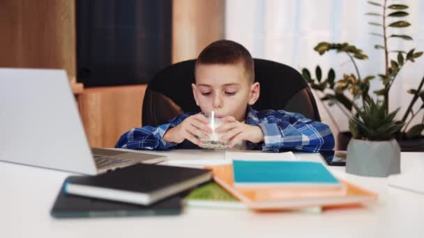 Podstawowy Uczeń Pijący Mleko Siedząc Przy Biurku Przenośnym Komputerem Książkami — Wideo stockowe