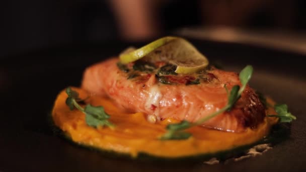 Chic Serving Tasteful Dish Smoked Salmon Laying Mashed Carrots Puree — Stock Video