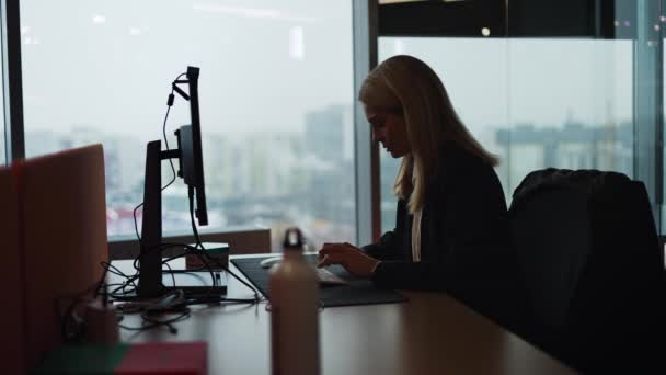Silhouette Concentrated Businesswoman Praca Laptopie Przy Oknie Panoramicznym Biurze Menedżerka — Wideo stockowe
