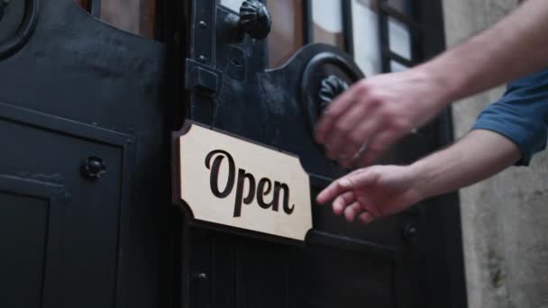 Hands Waiter Upturning Wooden Sign Iron Door Open Closed Signalizing — Stock Video