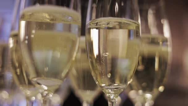 Zblízka Několik Sklenic Šampaňského Bublinami Indikující Sváteční Oslavu Restauraci Čiré — Stock video