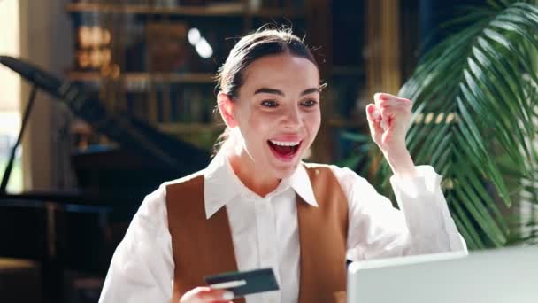 Joyful Woman Playing Video Game Mobile Phone Reading Good News — Stock Video