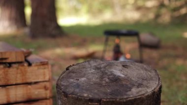 Bir orman kampında ağaç kütüğüne saplanmış büyük bir bıçak. Arka planda kesim tahtası ve kamp ateşi var. Ahşap ve çelik dokular.