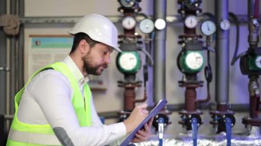 Kazan dairesinde odaklanmış erkek mühendis ısıtma sistemi ekipmanlarını inceliyor. Profesyonel tesisatçı panoya notlar alır ve verimli güç üretimini sağlar..