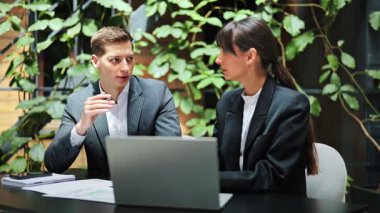 Resmi olarak başarılı iş ortakları, modern bir ofiste bitkilerle birlikte dizüstü bilgisayar kullanarak bir projeyi tartışıyor. Odaklanmış ve kararlı hissediyorlar..