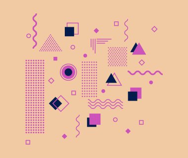 Parlak elementlerin bileşimiyle soyut geometrik arkaplan. Memphis element örnekleme şablonu. Dergi, broşür, ilan panosu, satış, afiş, broşür, geçmiş.