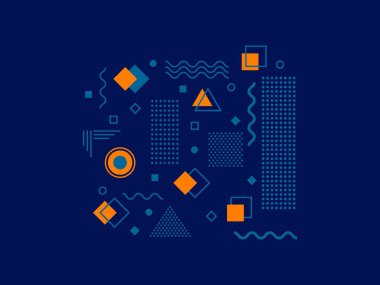 Parlak elementlerin bileşimiyle soyut geometrik arkaplan. Memphis element örnekleme şablonu. Dergi, broşür, ilan panosu, satış, afiş, broşür, geçmiş.