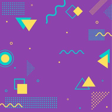 Parlak elementlerin bileşimiyle soyut geometrik arkaplan. Memphis element örnekleme şablonu. Dergi, broşür, ilan panosu, satış, afiş, broşür, geçmiş.