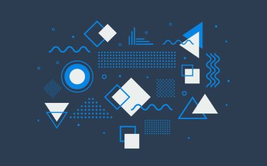 Parlak elementlerin bileşimiyle soyut geometrik arkaplan. Memphis element örnekleme şablonu. Dergi, broşür, ilan panosu, satış, afiş, broşür, geçmiş.