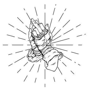 Beyaz arka planda dua eden eller. Çizgi çizimi.