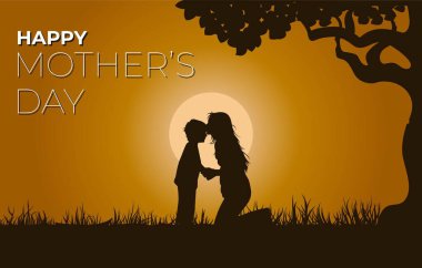 Anneler Günü illüstrasyon geçmişi. Aile sevgisi afişi. Anne ve çocuk manzara arka planında. Vektör Eps 10.