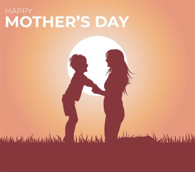 Anneler Günü illüstrasyon geçmişi. Aile sevgisi afişi. Anne ve çocuk manzara arka planında. Vektör Eps 10.