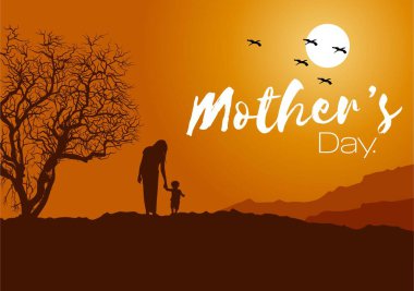 Anneler Günü illüstrasyon geçmişi. Aile sevgisi afişi. Anne ve çocuk manzara arka planında. Vektör Eps 10.