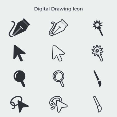 Dijital çizim simgeleri koleksiyonu. Minimalizm sembolleri. Vektör grafiği.