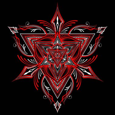 Mandala şeklinde üçgen desen. Kına dövmeli mandala. Kırmızı ve beyaz stili. Doğu tarzında dekoratif desen. Vektör 10.