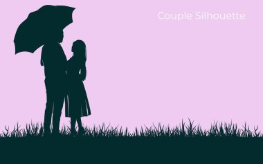 Romantik siluet çift el ele yürüyor, düğün davetiyeleri, yıldönümü kartları ya da aşk temalı tasarımlar için mükemmel..