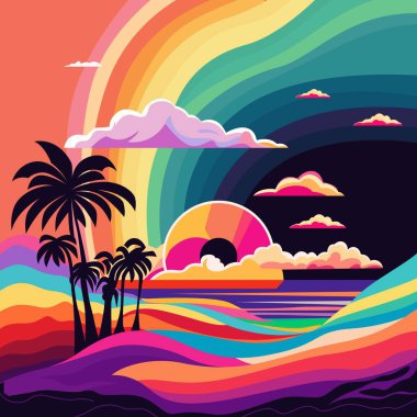 Gökkuşağı ve palmiye ağacı resimli plaj. Psikedelik sanat vektörü illüstrasyonunda doğa görüşü. Renkli bir geçmiş. Vektör 10. 
