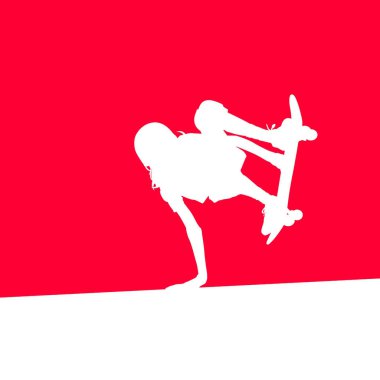 Kaykaycı silueti hakkında yüksek detaylar. Spor siluetleri. Kırmızı arka planda genç ve eğlenceli biri..