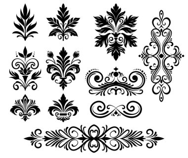 Siyah kolleksiyonda çiçek seti. Eski ve eski element tasarımı. Süs, en az dövme. Vektör 10.