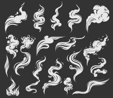Duman elementi çizimi. Duman vektörünün karikatürü. Çizgi roman tarzı. Siyah arkaplanda izole. 