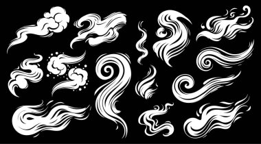 Duman elementi çizimi. Duman vektörünün karikatürü. Çizgi roman tarzı. Siyah arkaplanda izole. 