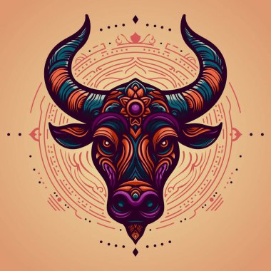 Psikedelik boğa kafası tasarımı canlı renkler, karmaşık desenler ve garip elementler, posterler, dövmeler ve ürünler için idealdir..