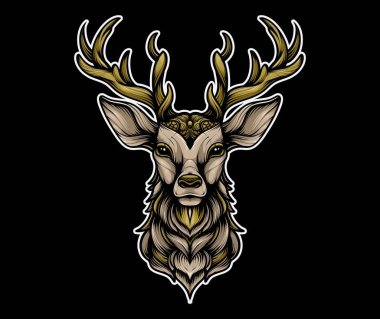 Görkemli geyik kafası ve ayrıntılı boynuzları dövmeler, giyim kuşamları, logolar ve duvar dekorları için ideal zarafet ve vahşi doğanın birleşimi..
