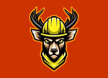 Geyik baş maskotu tasarımı inşaat kaskı takıyor, vahşi yaşam gücüyle endüstriyel güvenliği birleştiriyor, logolar ve markalaşma için ideal..