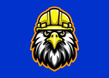 Kartal başlı maskot inşaat kaskı takıyor. Gücü, korumayı ve liderliği simgeliyor. Logolar, markalaşma, güvenlik kampanyaları veya endüstriyel temalı grafik tasarımı için ideal.