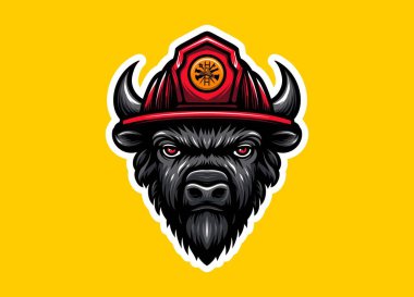 Bufalo maskotu kafası itfaiyeci kaskı takıyor, cesaret ve gücü simgeliyor. Kahramanlık temalarında logo, markalaşma, takım kimliği, giyim ve cesur vektör çizimi için ideal