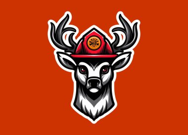 İtfaiyeci geyik maskotu kafası yangın kaskı takıyor. Cesaret, koruma ve vahşi yaşam ruhunu simgeliyor. Logolar, takım markalaşması, açık hava kıyafetleri ve kurtarma temalı çizimler için mükemmel..