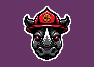 Güçlü gergedan maskotu kafası itfaiyeci kaskı takıyor. Cesareti, gücü ve kurtarılmayı simgeliyor. Logolar, takım markalaşması, acil durum hizmetleri ve cesur vektör çizimleri için mükemmel.