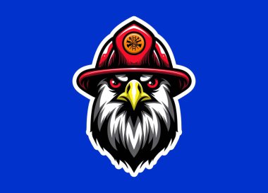 Cesur kartal maskotu, itfaiyeci kaskı takıyor. Cesareti, gücü ve kahramanlığı simgeliyor. Logolar, takım amblemleri, giysi ve kurtarma temalı vektör çizimleri için ideal.