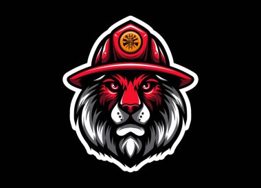 Ateşli aslan maskotu, itfaiyeci kaskı takıyor. Cesareti, gücü ve kahramanlığı simgeliyor. Logolar, takım markalaşması, acil durum hizmetleri ve cesur vektör çizimleri için ideal.