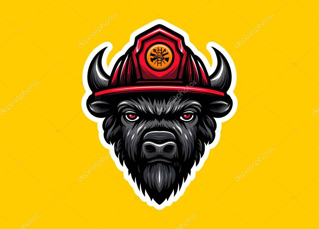 Buffalo mascot head wearing a firefighter helmet, symbolizing bravery and strength. Ideal for logo, branding, team identity, apparel, and bold vector illustration in heroic themes