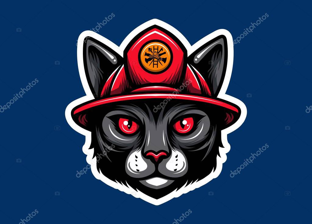 Bold cat mascot head wearing a firefighter helmet, combining courage and cuteness, ideal for logos, team branding, rescue themes, and heroic animal-themed vector illustrations.