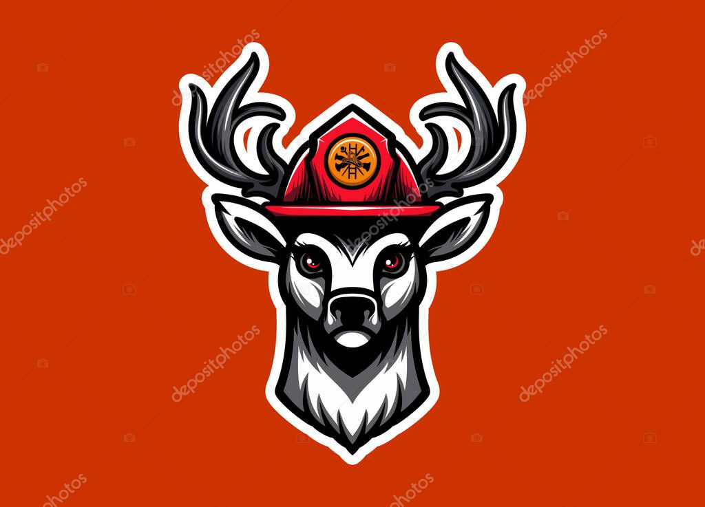 Firefighter deer mascot head wearing a fire helmet, symbolizing bravery, protection, and wilderness spirit. Perfect for logos, team branding, outdoor apparel, and rescue-themed illustrations.
